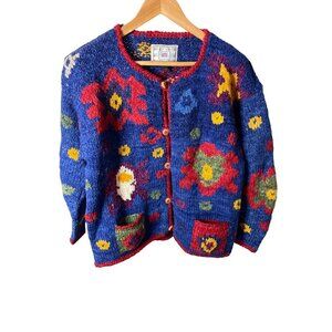 Fatto Bolivian Alpaca Wool Colorful Tribal Designed Cardigan Sweater Sz S